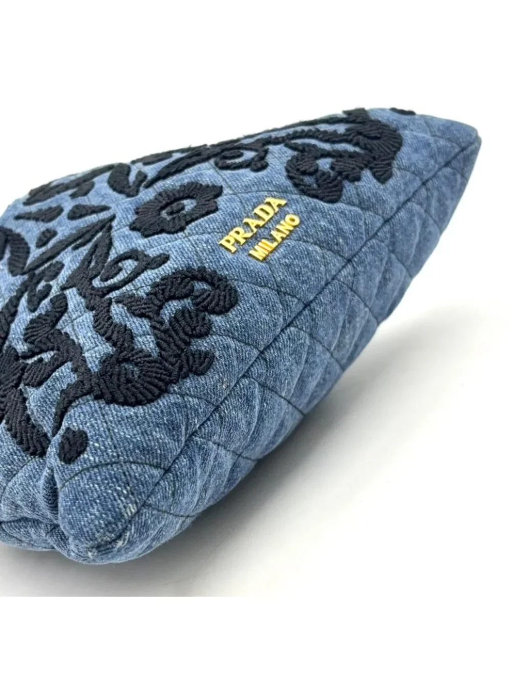 Prada Embroidery Drawstring Leather Denim Blue Pouch